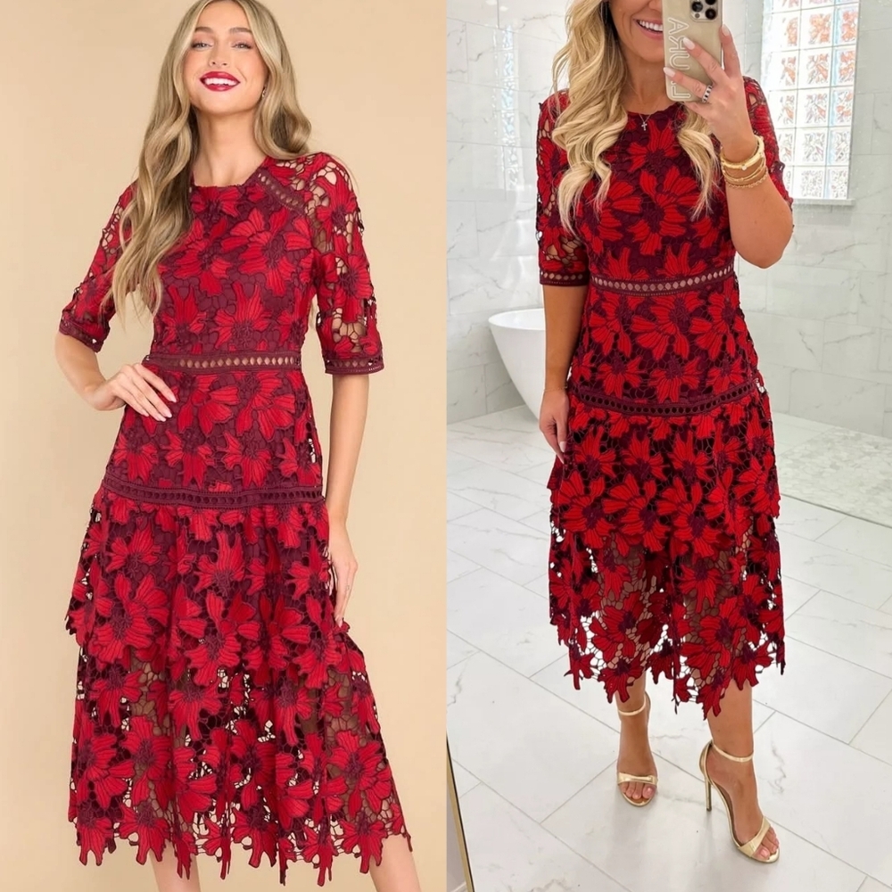 Just Me Red Embroidered Floral Lace Midi Dress